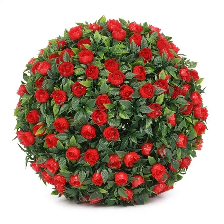 Artificial Red Roese Ball With Artificial Leaves